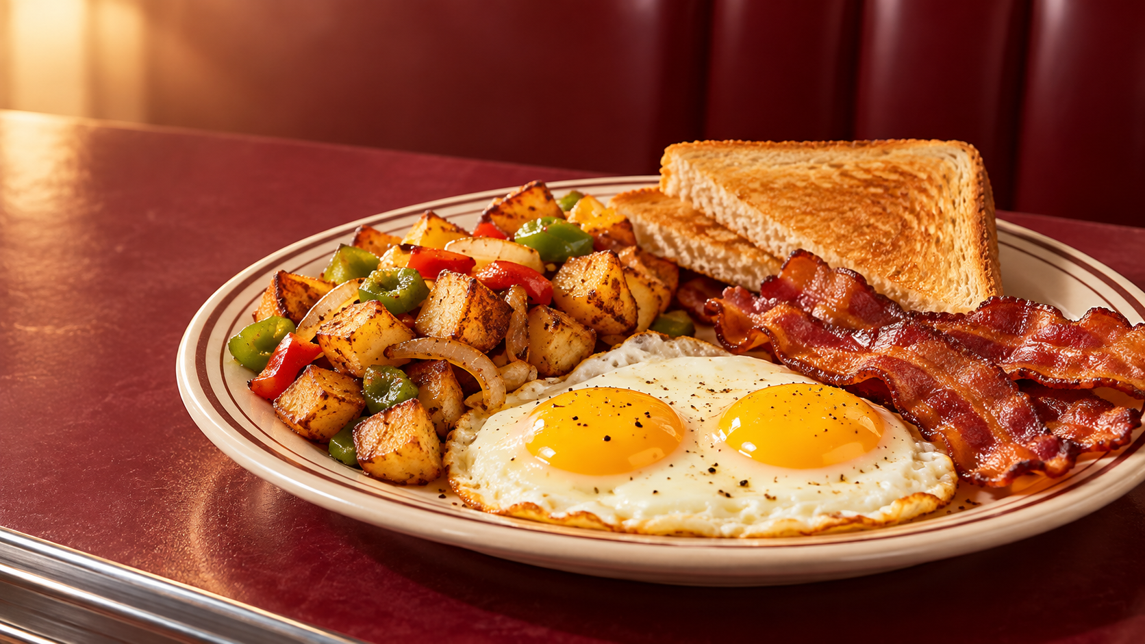Illustrative diner breakfast plate with eggs, home fries, bacon, and toast