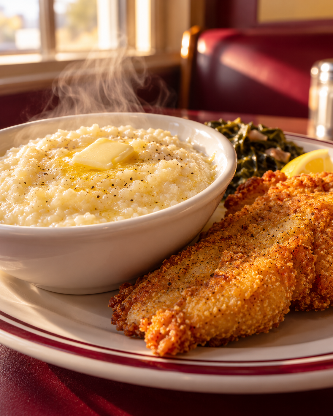 Illustrative bowl of grits beside golden fried fish